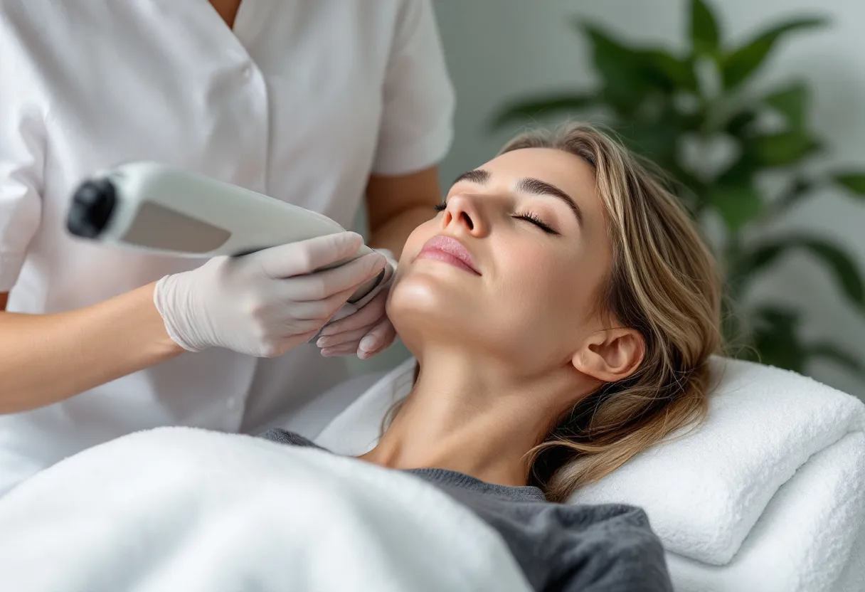 Een vrouw van middelbare leeftijd zit op een behandeltafel terwijl een huidtherapeute met handschoenen een laserbehandeling op haar bovenbeen uitvoert in een strakke, lichte kliniekruimte met een plant op de achtergrond.