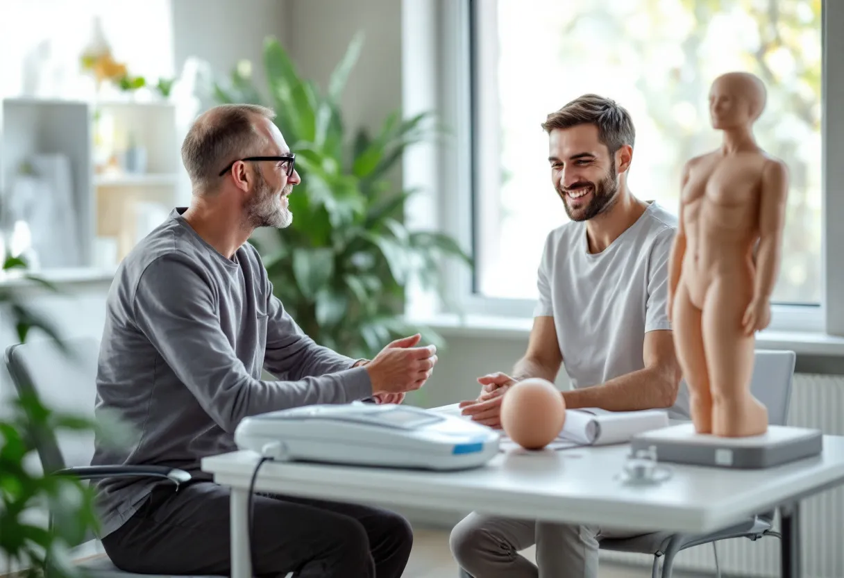 Een heldere, moderne kliniekruimte met een specialist die uitleg geeft over niet-chirurgische vetreductiemethoden aan een geïnteresseerde cliënt, met een model van het menselijk lichaam en een veilig medisch apparaat op de tafel.