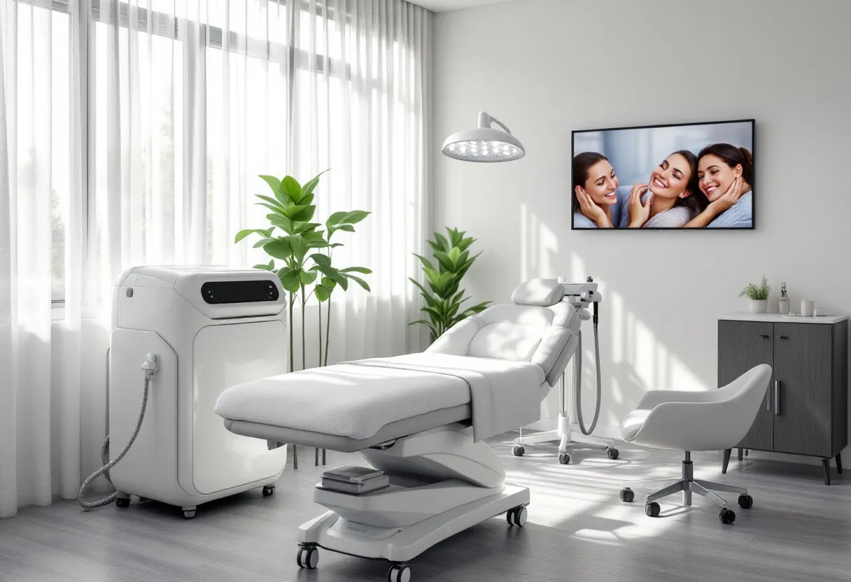 Een serene, moderne behandelkamer met een wit cryolipolyse-apparaat naast een comfortabele behandeltafel, zacht verlicht door daglicht dat door grote ramen valt, met een groene plant in de hoek en een scherm met voor-en-na foto's op de achtergrond.