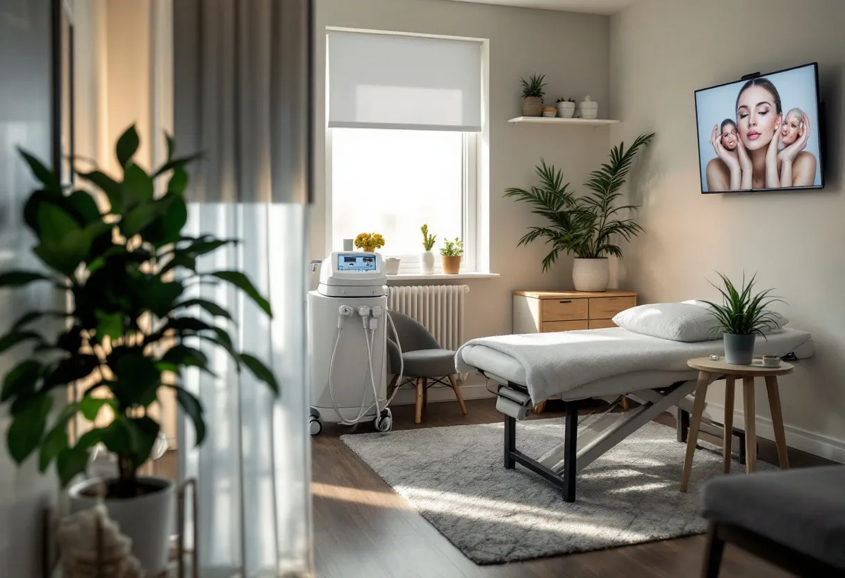Een serene, moderne behandelkamer met een wit cryolipolyse-apparaat naast een comfortabele behandeltafel, zacht verlicht door daglicht dat door grote ramen valt, met een groene plant in de hoek en een scherm met voor-en-na foto's op de achtergrond.