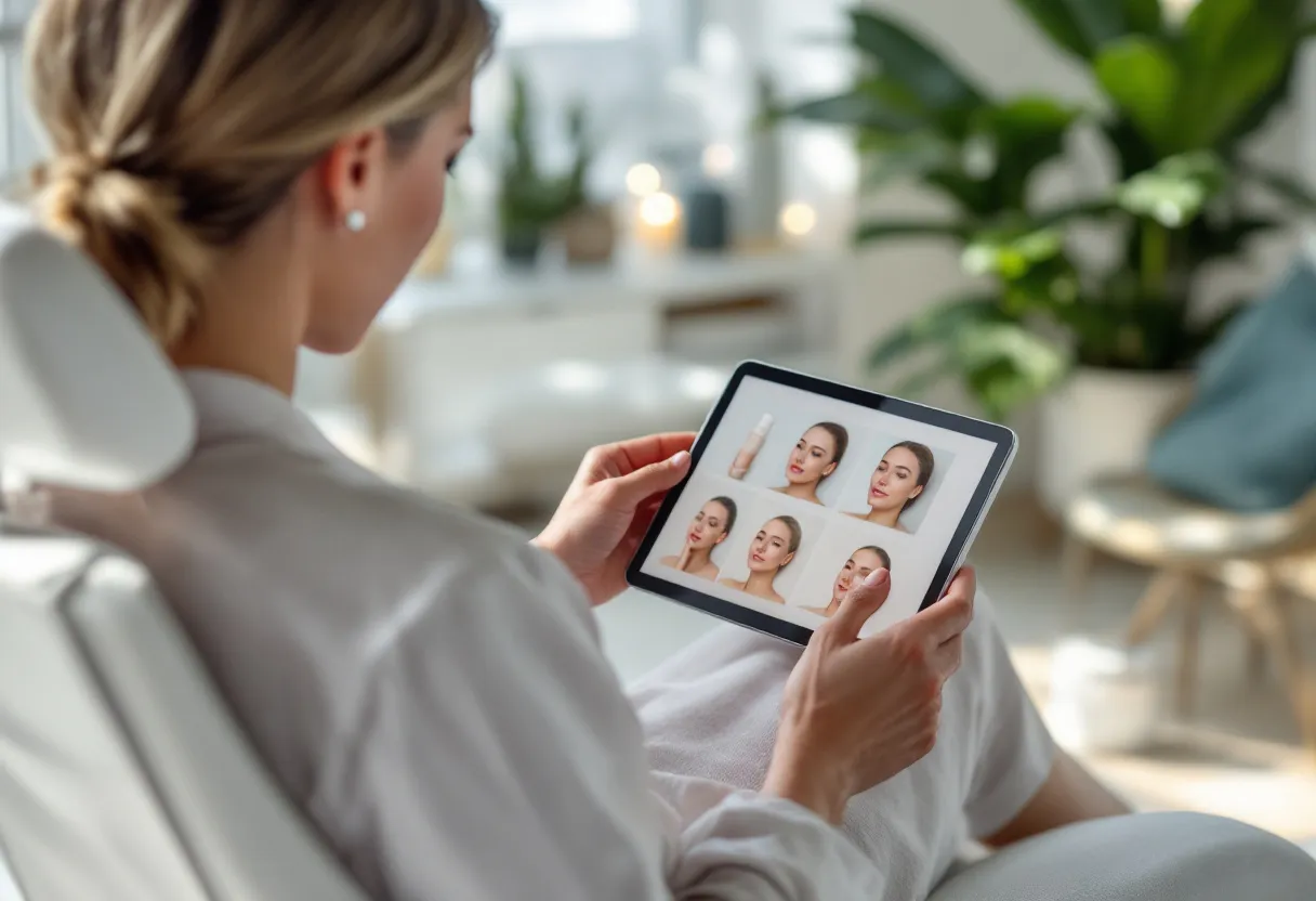 Een persoon zit in een lichte, moderne esthetische kliniek en vergelijkt op een tablet verschillende behandelingen, omringd door kalme interieurelementen en een plant.