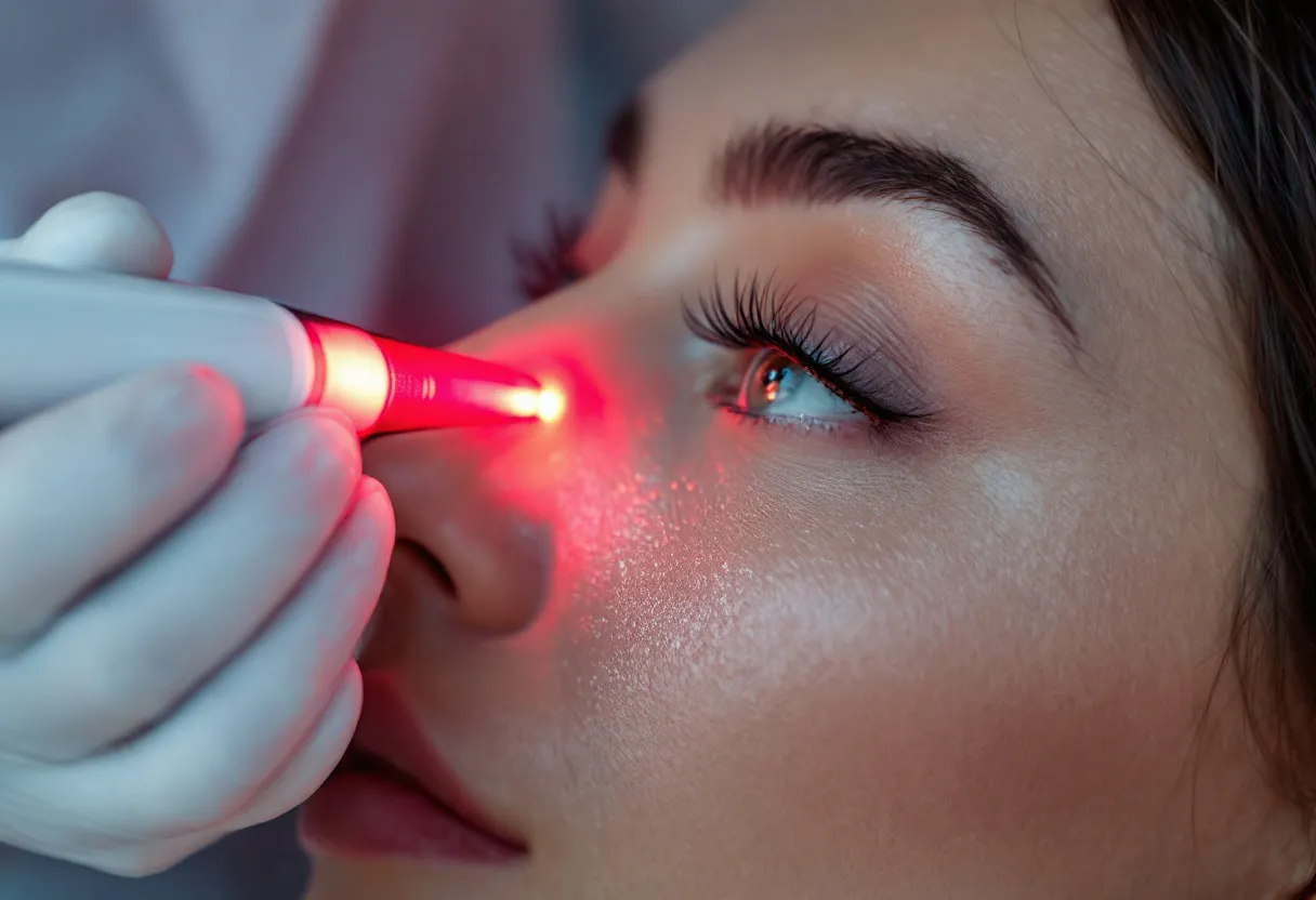 Close-up van een vrouwengezicht tijdens een laserbehandeling in een moderne Belgische kliniek, met een dermatoloog die de laser nauwkeurig richt op de wang, een zacht laserlicht en beschermende bril zichtbaar.