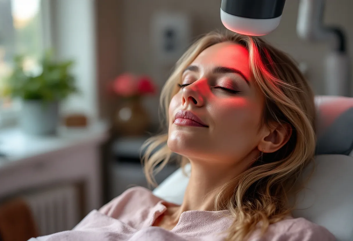 Een vrouw van middelbare leeftijd ondergaat een niet-invasieve rimpelbehandeling met een laserapparaat in een rustige Belgische kliniek, haar gezicht zachtjes verlicht door het rode laserlicht, omringd door moderne medische apparatuur en een serene sfeer.