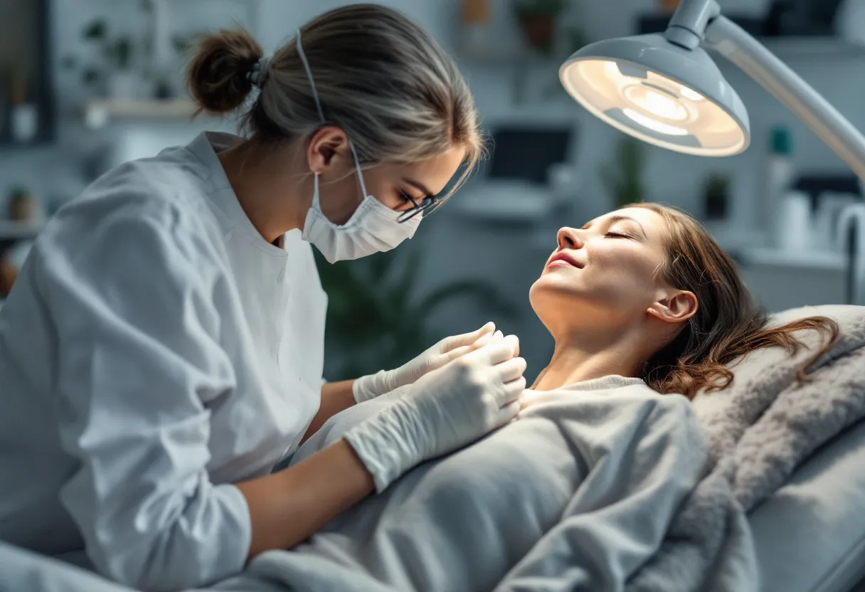 Een kalme behandelscène waarin een arts met witte handschoenen een fijne naald richt op de wang van een ontspannen vrouw, met een klinische lamp die zacht schijnt in een moderne Belgische praktijkruimte.