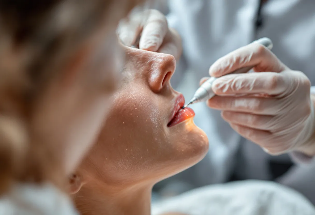 Een close-up van een dermatoloog die een microneedling pen gebruikt op de wang van een vrouwelijke patiënt in een helder verlichte behandelkamer, met steriele handschoenen en een kalme uitstraling.