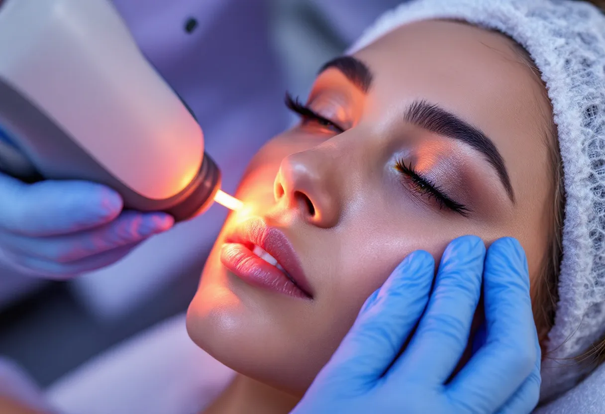 Een detailfoto van een vrouw die een huidverjongingsbehandeling ondergaat met een laserapparaat, met zichtbare verbetering van huidtextuur en een stralende teint.