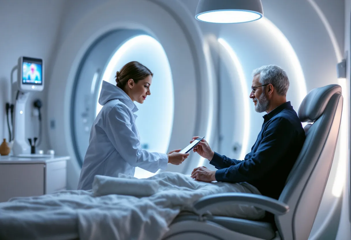 Een realistische foto van een moderne cryolipolyse behandelkamer met een ergonomisch behandelsysteem, zachte verlichting en een specialist die een consultatiedocument doornemt met een cliënt.