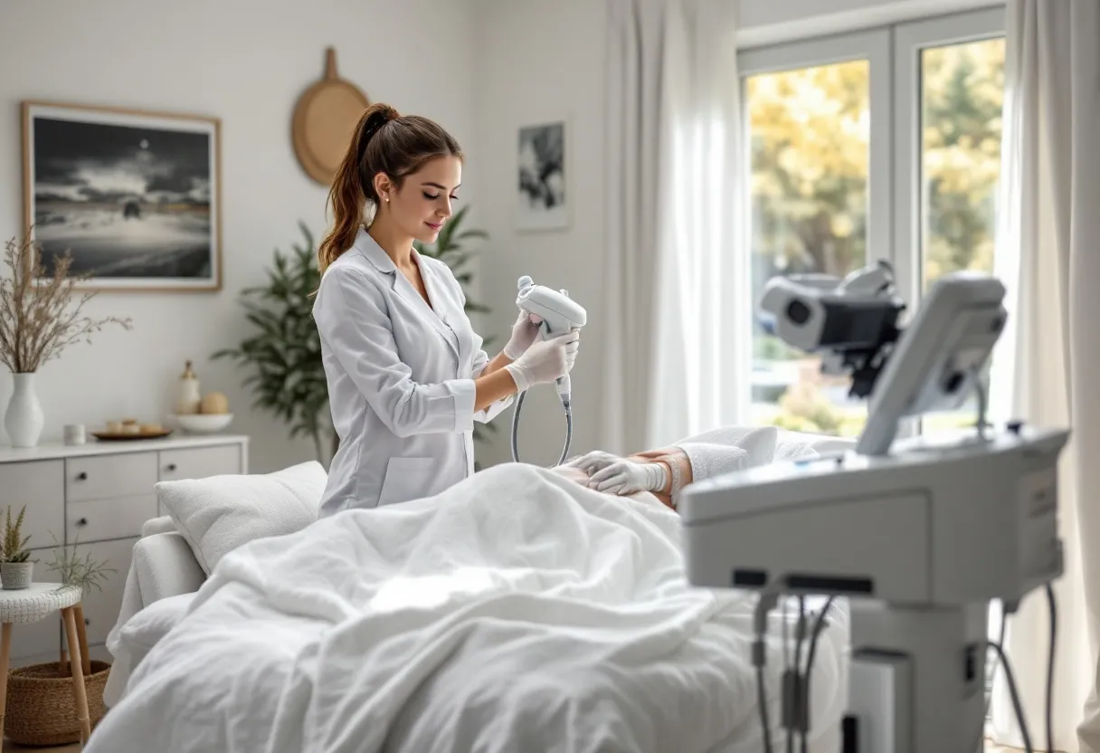 Een rustige, moderne behandelkamer met een wit interieur, een comfortabele behandeltafel, een geavanceerd cryolipolyse-apparaat met applicators, en een zachte glimlachende vrouwelijke therapeut in witte jas die het apparaat instelt, terwijl natuurlijk daglicht door een groot raam valt.