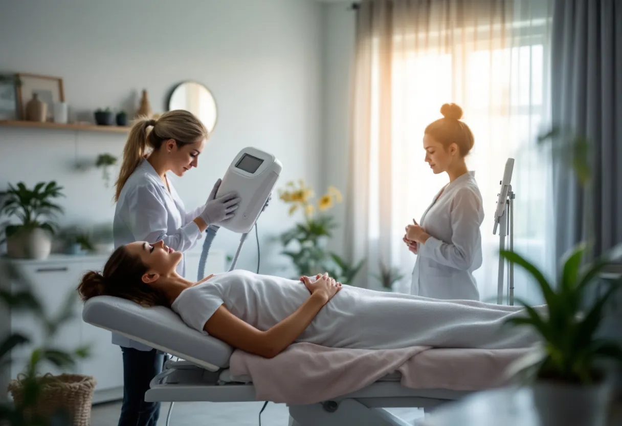 Een serene behandelkamer met een vrouw op een behandeltafel en een specialist die een cryolipolyse-apparaat op haar buik plaatst, terwijl zacht daglicht door een raam schijnt.