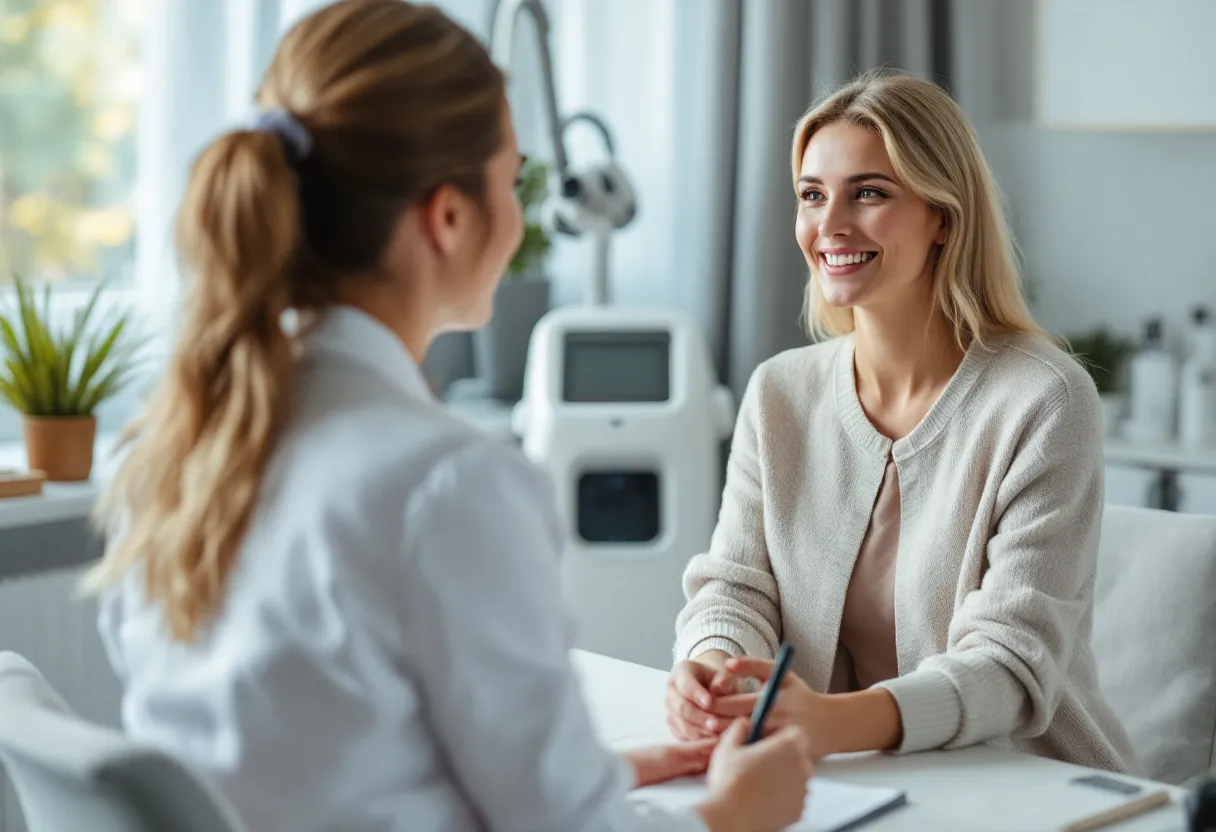 Een sfeervolle, lichte consultatieruimte in een moderne afslankkliniek in België, met een vriendelijke specialist die een geïnteresseerde vrouwelijke cliënt adviseert, terwijl op de achtergrond een cryolipolyse-apparaat discreet staat opgesteld.
