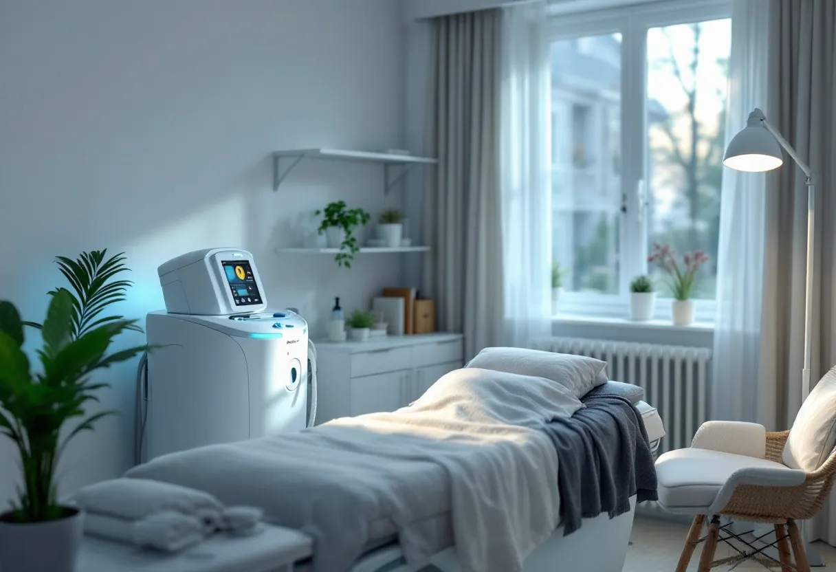 Een serene behandelkamer met een modern cryolipolyse-apparaat naast een comfortabele behandeltafel, terwijl zachte verlichting een kalme sfeer creëert.