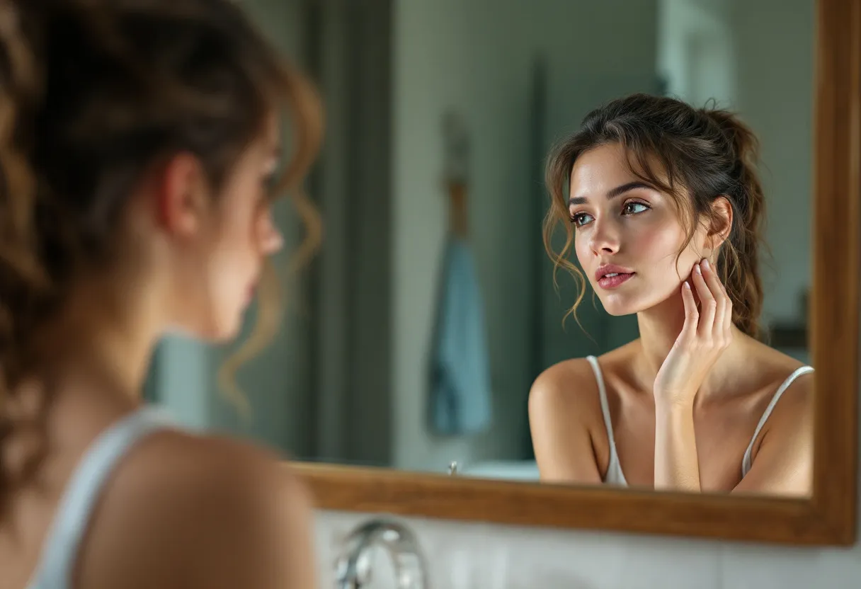 Een vrouw in een lichte badkamer bekijkt kritisch haar bovenbenen in een spiegel, het zachte ochtendlicht valt op haar huid met zichtbare sinaasappelhuid.