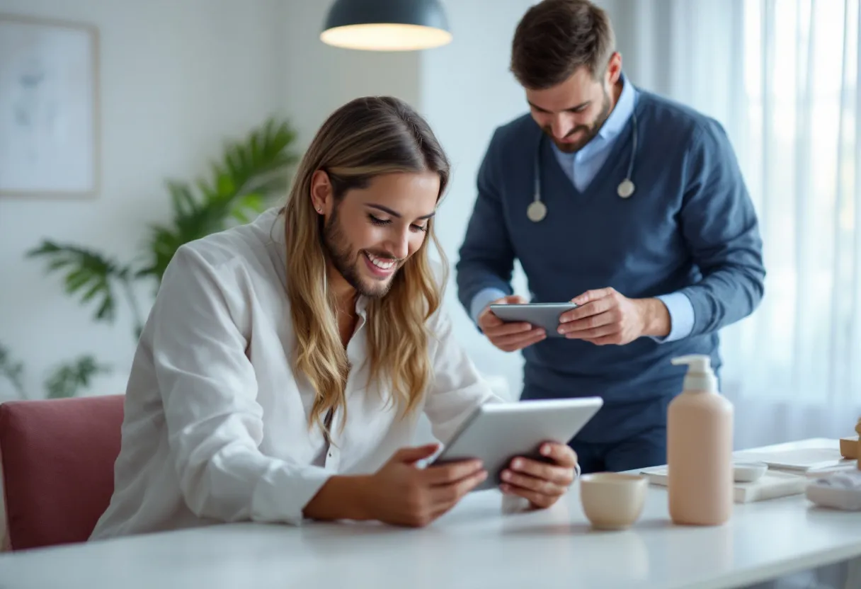 Een helder verlichte consultatieruimte waar een man en een vrouw samen een tablet bekijken met vergelijkende informatie over esthetische behandelingen, terwijl een arts op de achtergrond uitleg geeft.