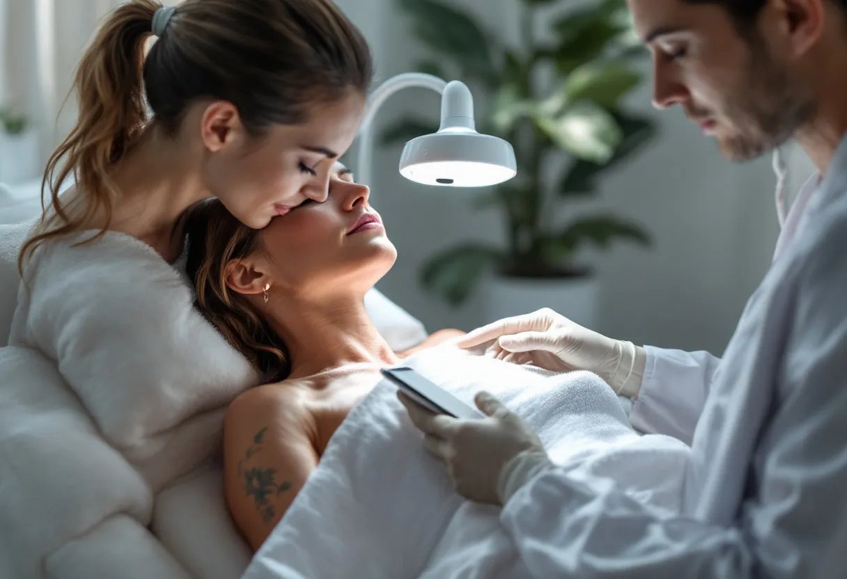 Een vrouw ondergaat een niet-chirurgische vetreductiebehandeling met een cryolipolyse-apparaat op haar buik in een lichte, moderne esthetische kliniek in Antwerpen, terwijl een specialist de temperatuur op een tablet controleert.