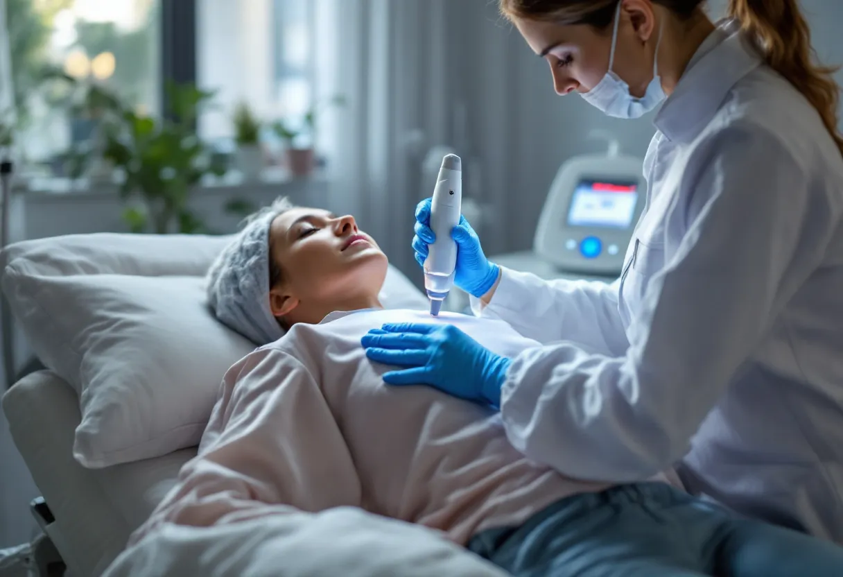 Een realistische foto van een cryolipolysebehandeling: een vrouw ligt ontspannen op een behandeltafel terwijl een specialist een koelapplicator op haar buik plaatst, met het cryolipolyse-apparaat zichtbaar op de achtergrond in een moderne kliniek.