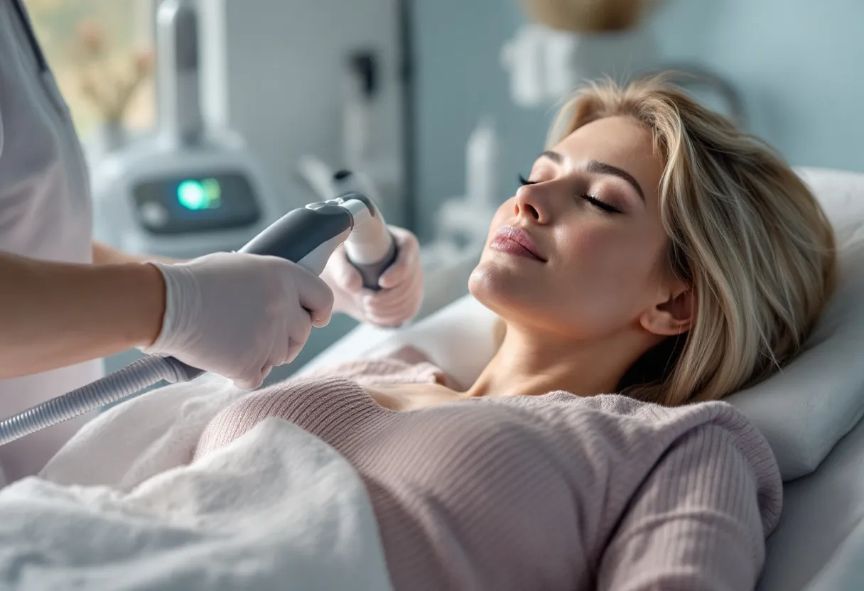 Een realistische foto van een vrouw die een cryolipolyse behandeling ondergaat in een moderne kliniek in België, met een vacuümapplicator op haar buik, terwijl een specialist de instellingen controleert.
