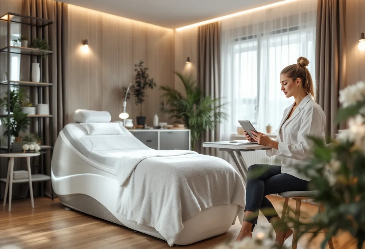 Een serene behandelkamer in een esthetische kliniek met een moderne infraroodcapsule, zachte verlichting en een therapeut die een tablet vasthoudt met een kliniekvergelijkingstool.