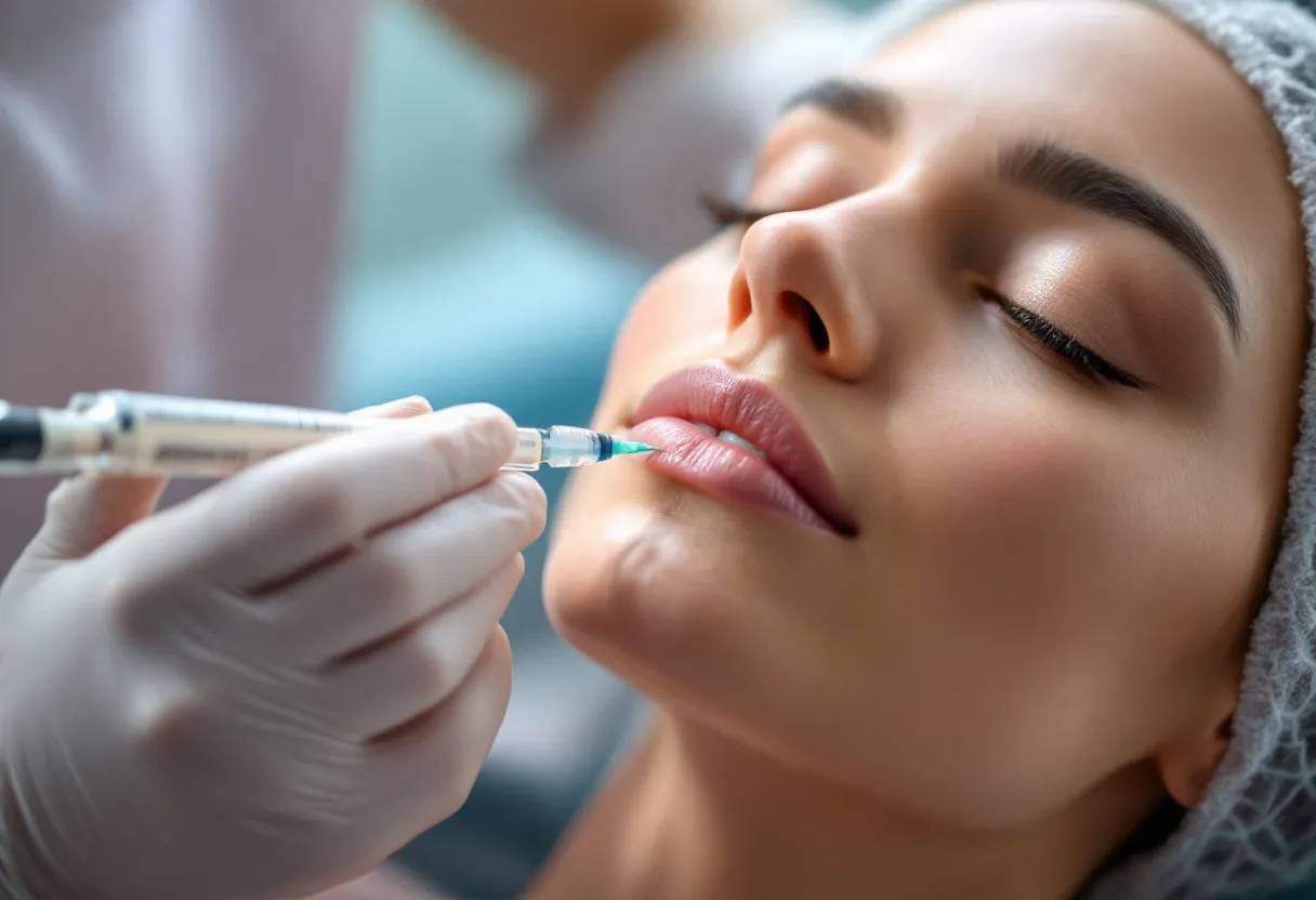 Een gedetailleerde close-up van een PRP-behandeling in een moderne kliniek, waarbij een medisch specialist met delicate precisie het eigen bloedplasma van de cliënt injecteert in de huid van het gezicht voor huidverjonging, met steriele instrumenten en een serene, professionele behandelruimte.