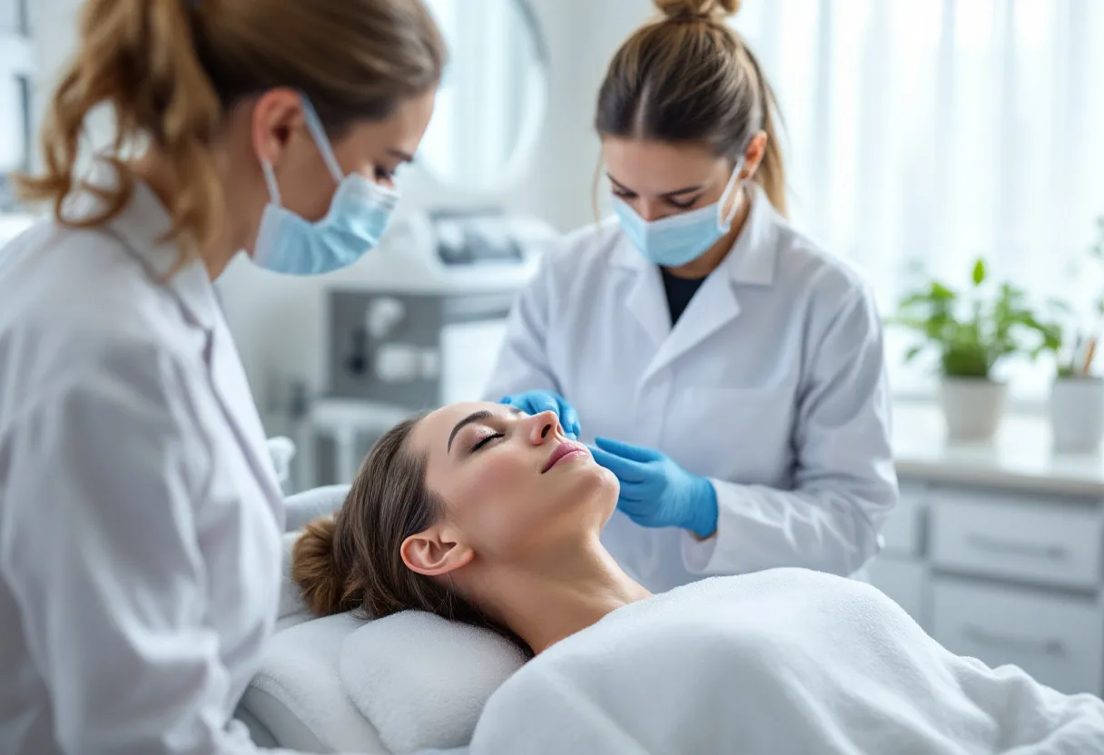 Een vrouw ondergaat een cryolipolysebehandeling op haar buik in een heldere, moderne kliniek terwijl een specialist de instellingen controleert.