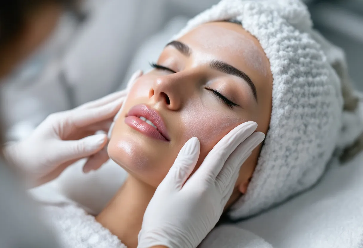 Een dermatoloog brengt een chemische peeling aan op het gezicht van een cliënt in een heldere, moderne kliniek in België, met geconcentreerde uitdrukking en zachte handschoenen.