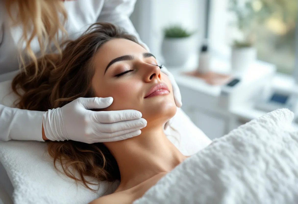 Een vrouwelijke huidtherapeut behandelt cellulite op de bovenbenen van een cliënt met een medisch apparaat in een heldere, moderne behandelkamer.