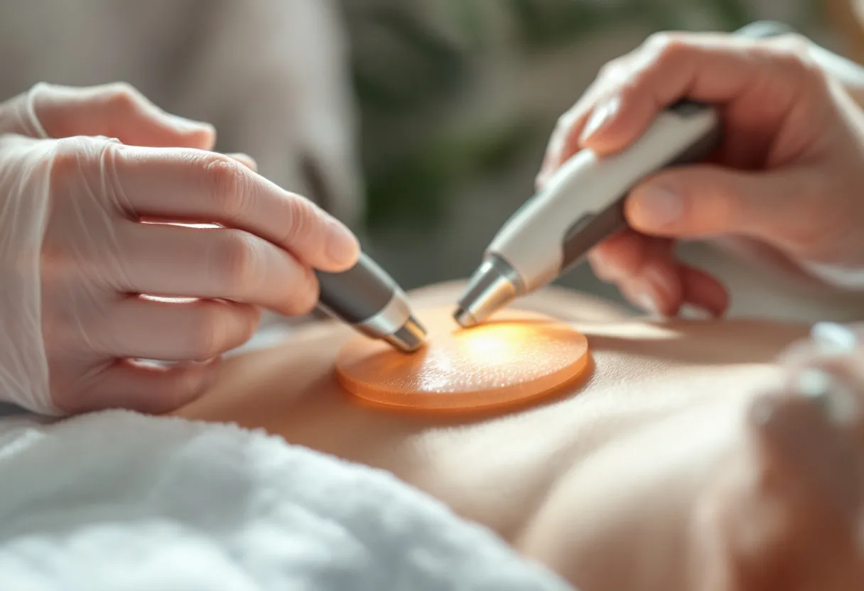 Een close-up van een modern esthetisch apparaat dat koelplaten op de buik van een vrouw aanbrengt voor niet-invasieve vetreductie, in een serene kliniek met zachte natuurlijke verlichting en een neutrale achtergrond.