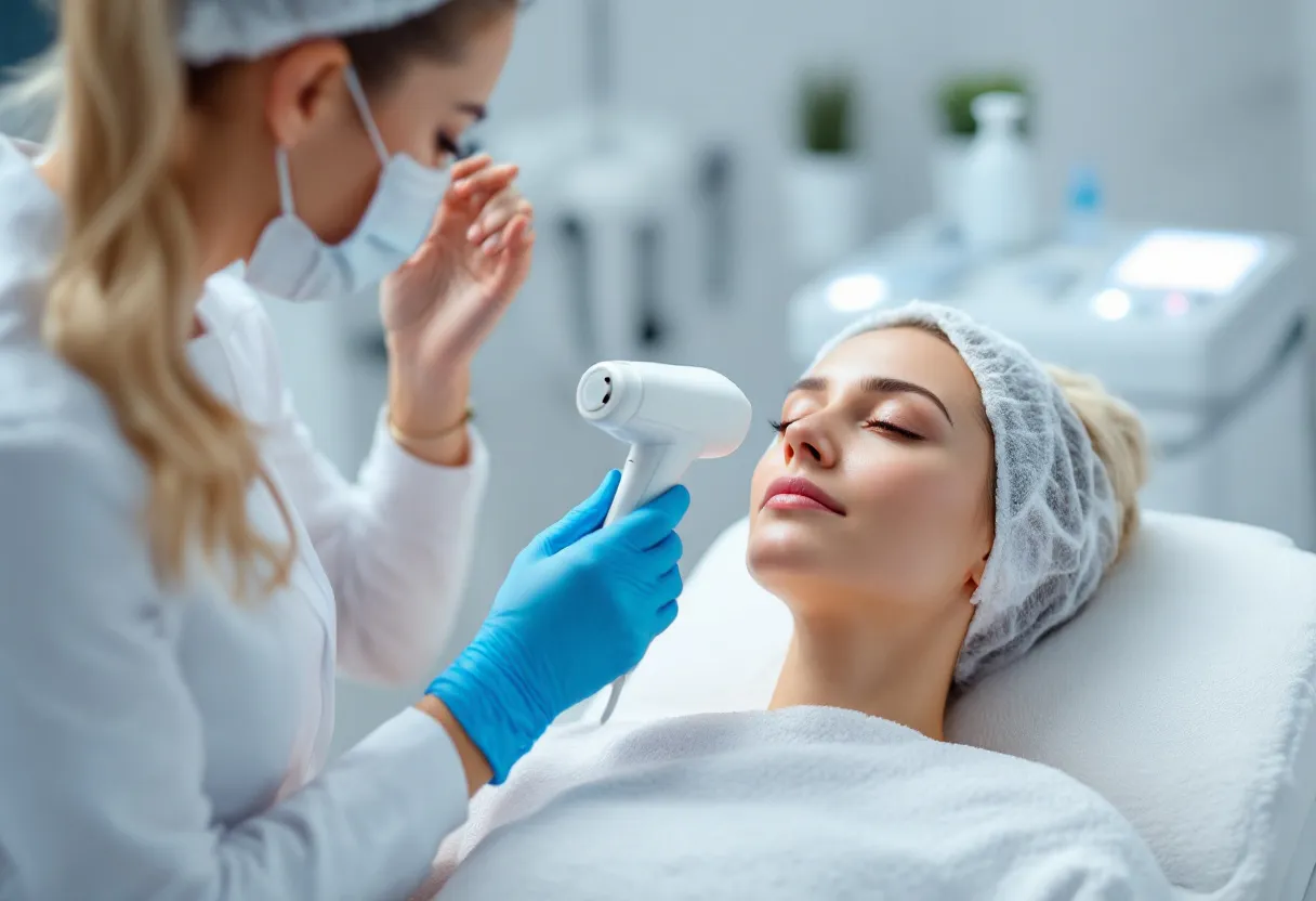 Een vrouw ondergaat een microneedling-behandeling in een heldere, moderne kliniek met witte muren en medische apparatuur, terwijl een gespecialiseerde huidtherapeut met blauwe handschoenen een steriel apparaat over haar gezicht beweegt.