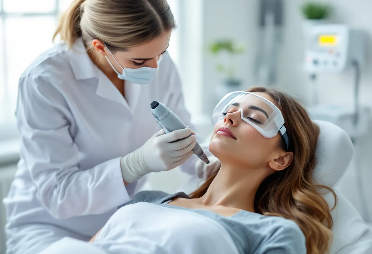 Een dermatoloog in een moderne kliniek behandelt de wang van een vrouw met een laserapparaat voor huidverjonging, terwijl de vrouw oogbescherming draagt en ontspannen achterover ligt.