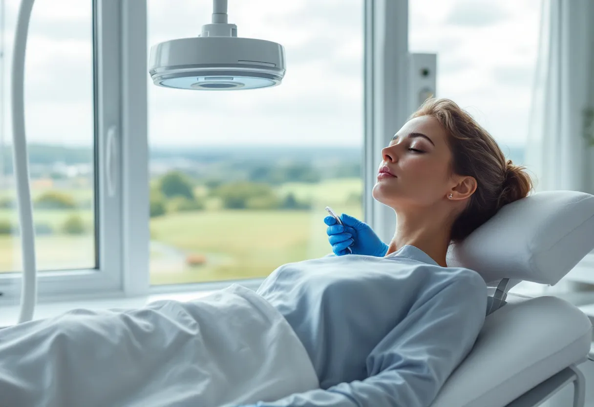 Een cliënt ondergaat een cryolipolyse behandeling op de buik in een moderne Belgische kliniek met zicht op een stedelijk landschap.