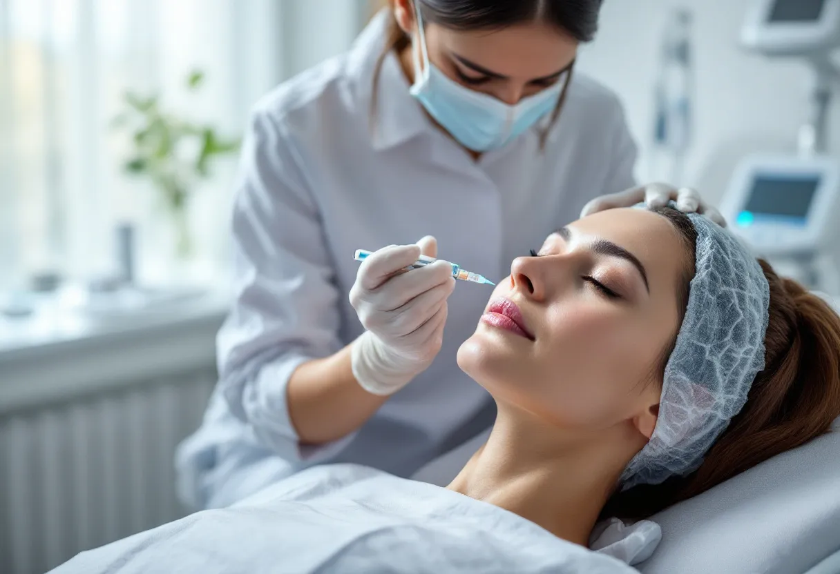 Een fotorealistisch beeld van een serene behandelkamer waar een professional met latex handschoenen voorzichtig een PRP-injectie in het gezicht van een ontspannen vrouwelijke patiënt toedient, met zacht daglicht dat door het raam valt en subtiele medische apparatuur op de achtergrond.