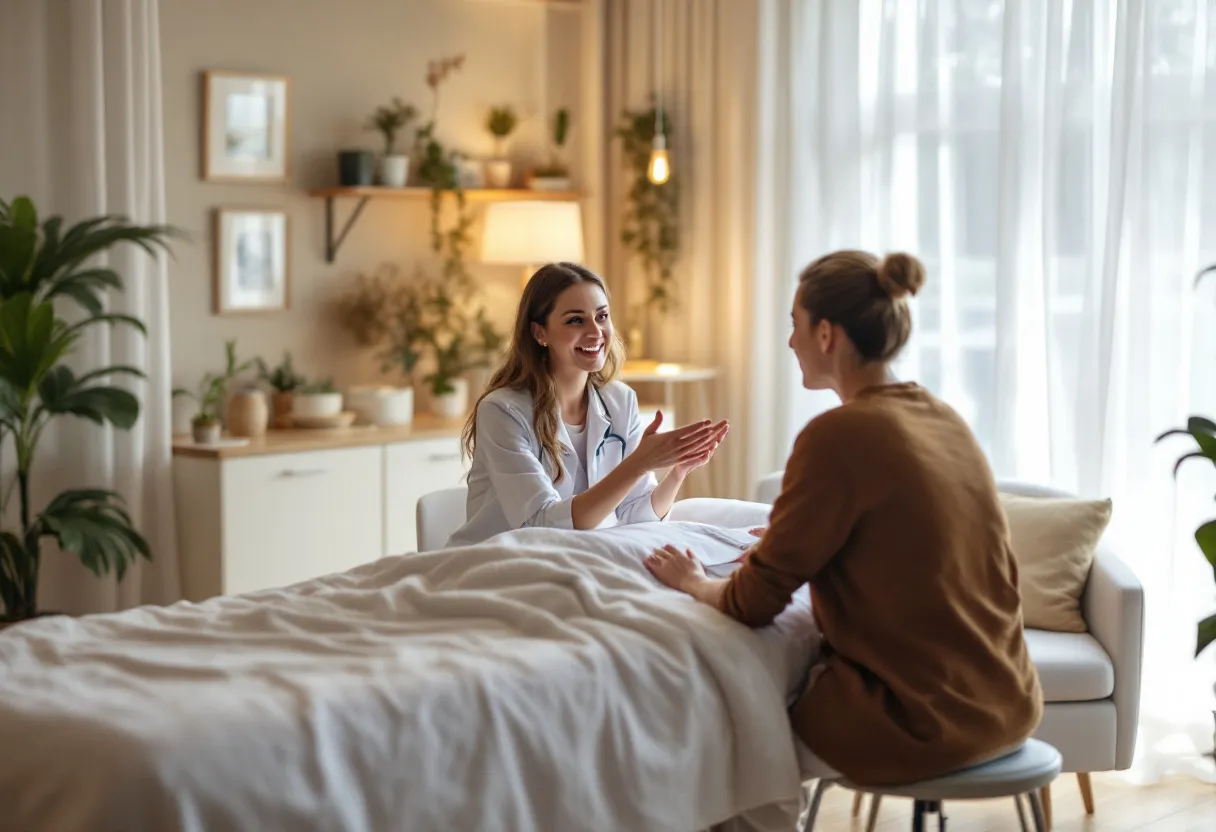 Een serene, moderne behandelkamer met een comfortabele behandeltafel, zachte verlichting en een vriendelijke therapeut die een consultatie doet met een cliënt, zonder zichtbare merken of logo's.