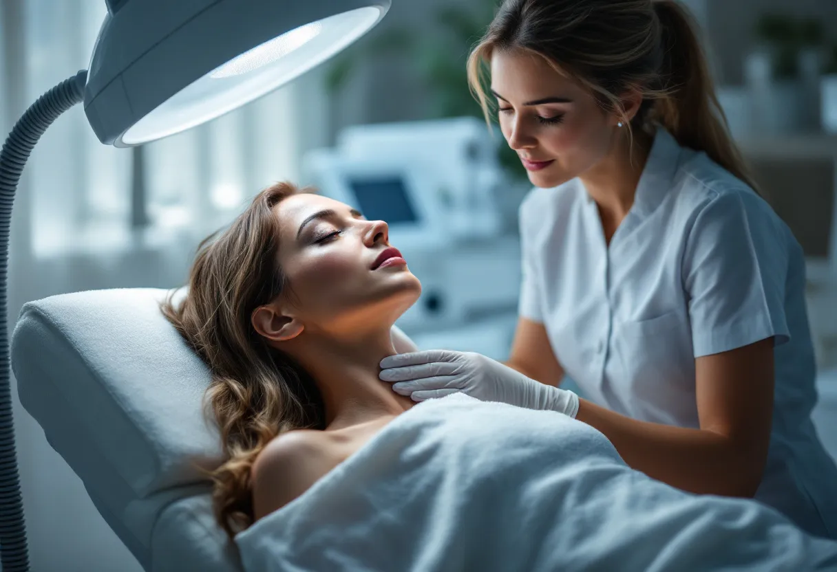 Een vrouw in een moderne esthetische kliniek ondergaat een cryolipolysebehandeling op haar onderbuik, terwijl een specialist het vacuümapparaat met koelelementen nauwkeurig positioneert onder zacht, natuurlijk licht.