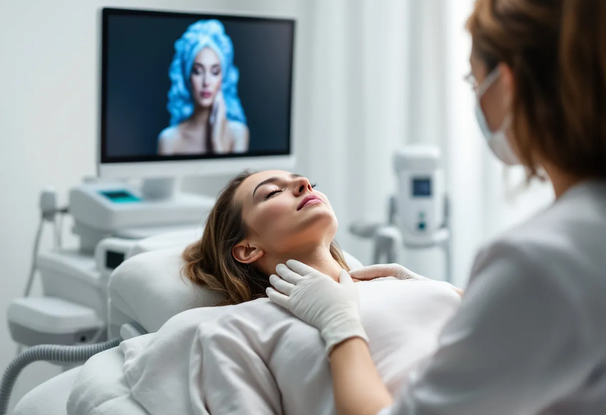 Een vrouw in een lichte, moderne kliniek in België ondergaat een cryolipolyse behandeling op haar buik, terwijl een specialist het apparaat plaatst, met op de achtergrond een monitor die de voortgang toont.